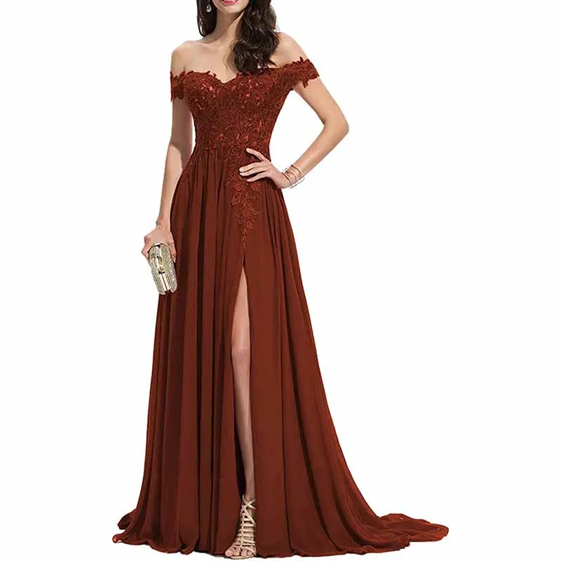 Women's Off The Shoulder Prom Dresses Slit Lace Appliqued Chiffon Formal Party Gowns