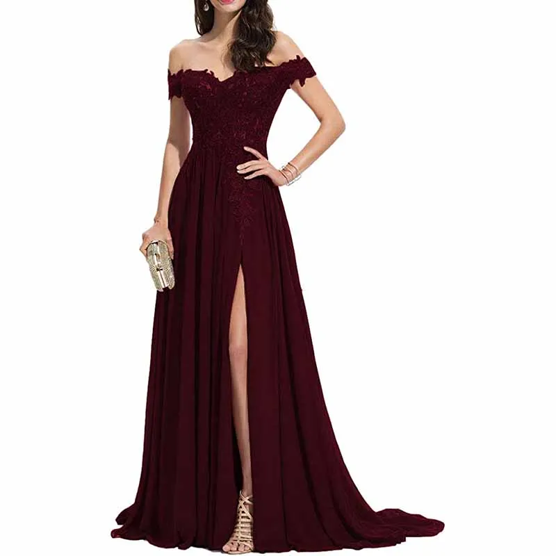 Women's Off The Shoulder Prom Dresses Slit Lace Appliqued Chiffon Formal Party Gowns