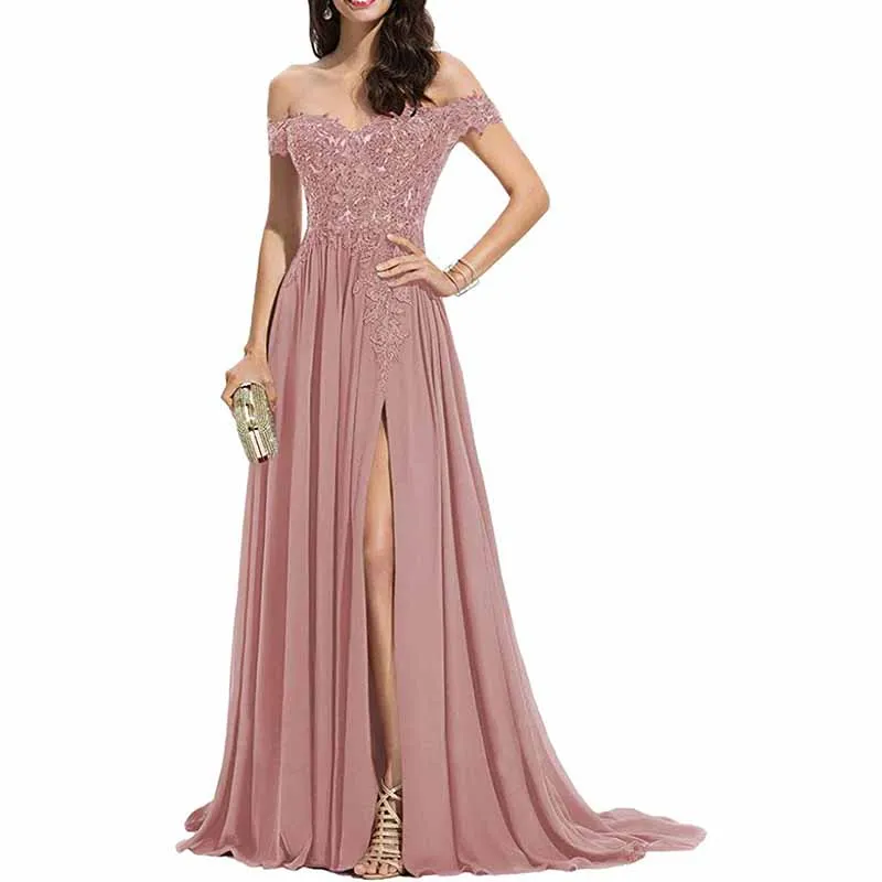Women's Off The Shoulder Prom Dresses Slit Lace Appliqued Chiffon Formal Party Gowns