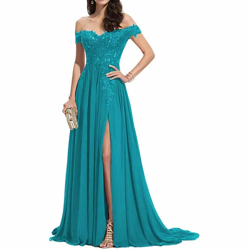 Women's Off The Shoulder Prom Dresses Slit Lace Appliqued Chiffon Formal Party Gowns