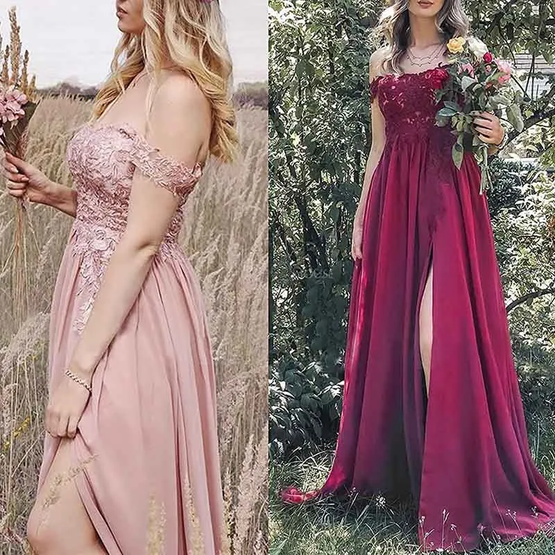 Women's Off The Shoulder Prom Dresses Slit Lace Appliqued Chiffon Formal Party Gowns