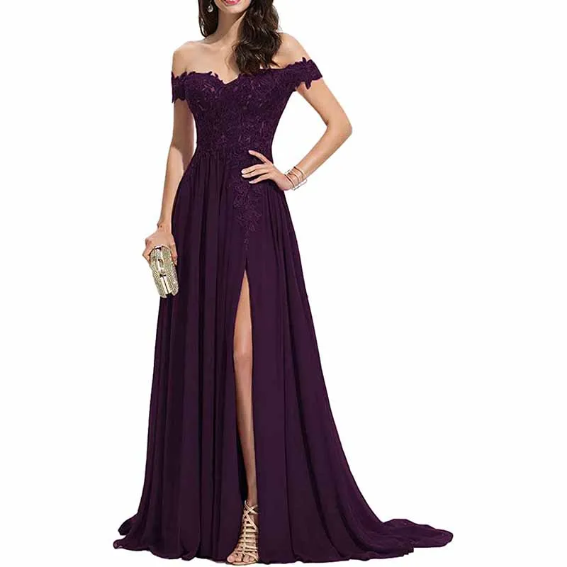 Women's Off The Shoulder Prom Dresses Slit Lace Appliqued Chiffon Formal Party Gowns