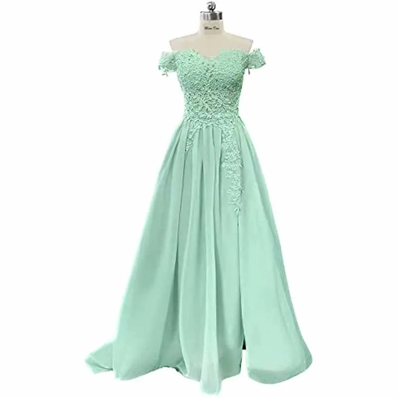 Women's Off The Shoulder Prom Dresses Slit Lace Appliqued Chiffon Formal Party Gowns
