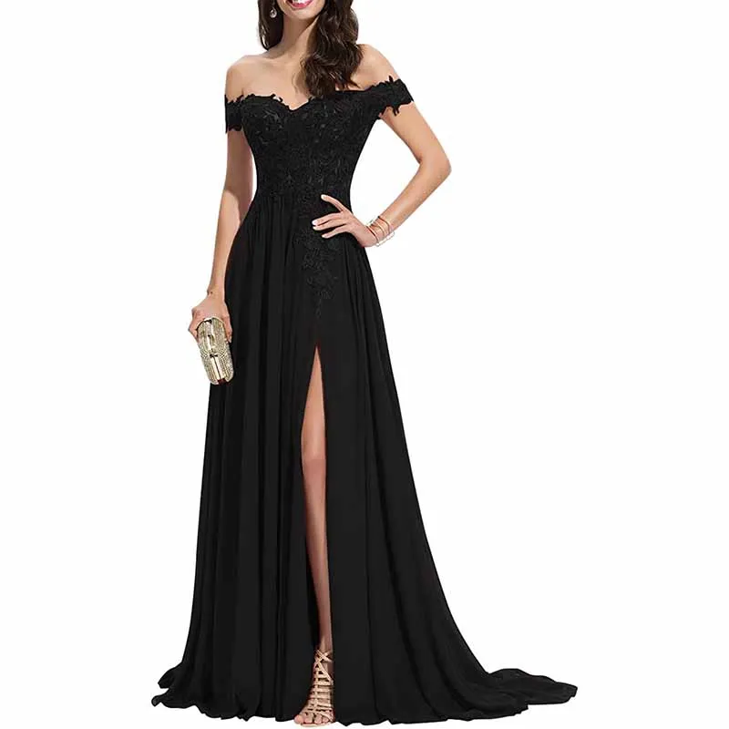 Women's Off The Shoulder Prom Dresses Slit Lace Appliqued Chiffon Formal Party Gowns