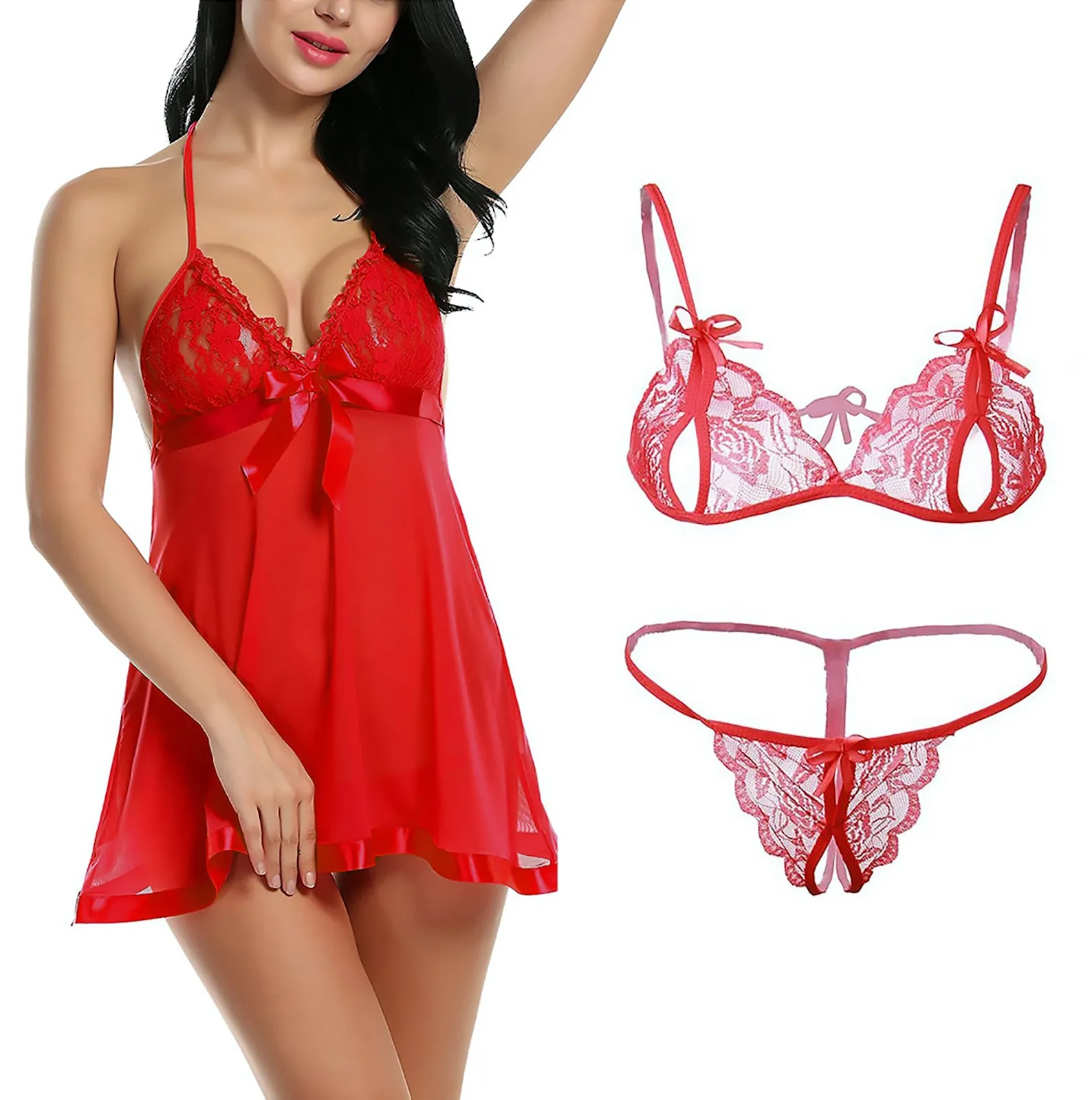 Xs and Os Combo Offer! Women Babydoll Nightwear Lace Bra Panty Lingerie Set